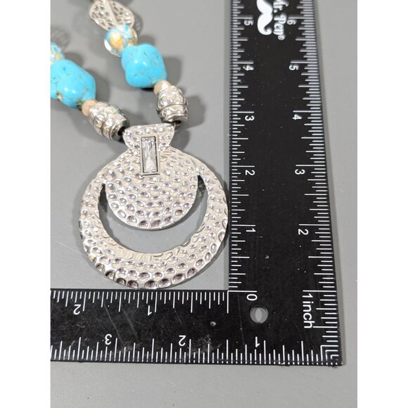 Southwestern Boho Faux Turquoise Glass Hammered Statement Necklace 22" - Picture 9 of 10
